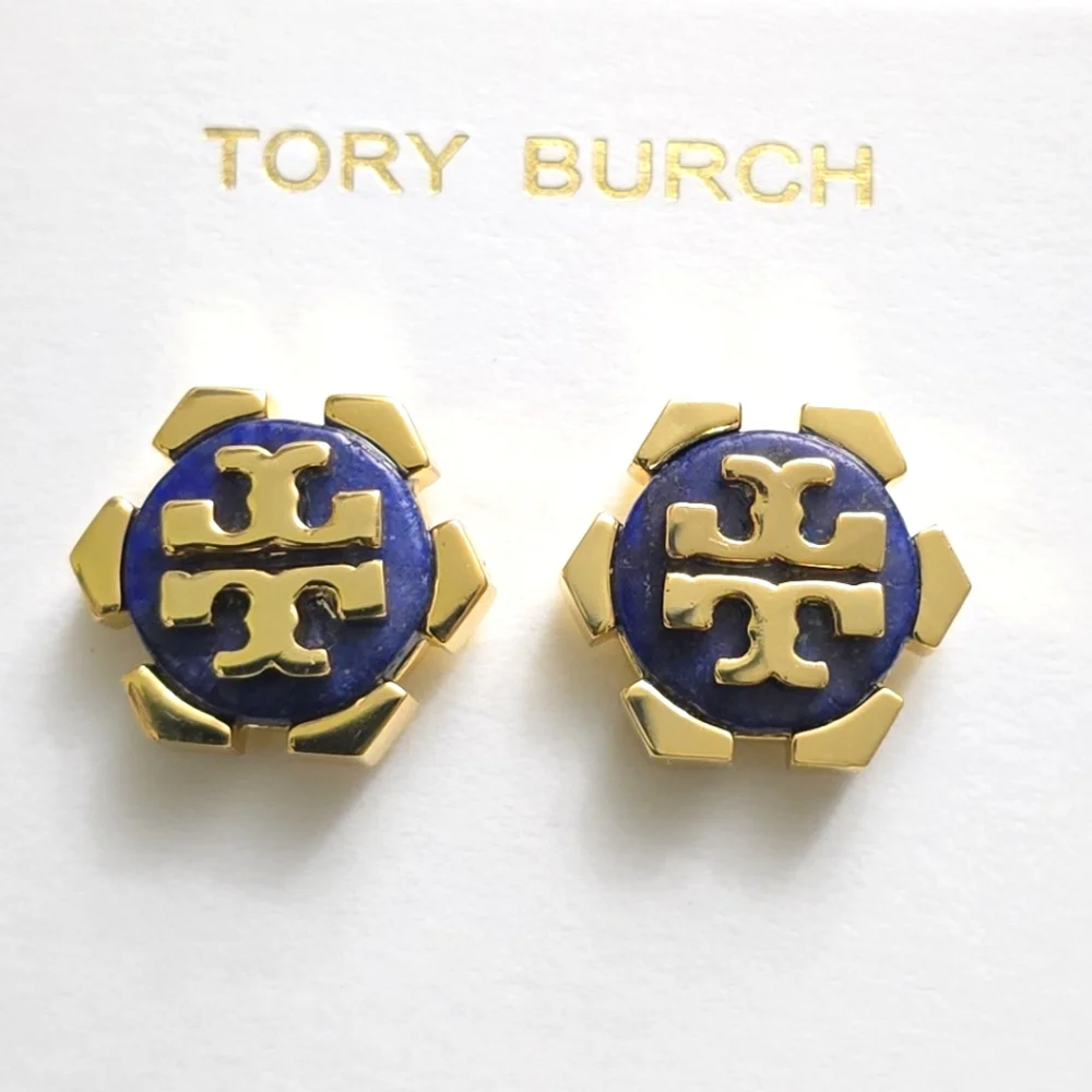 Tory Burch Gold & Navy Logo Stud Earrings